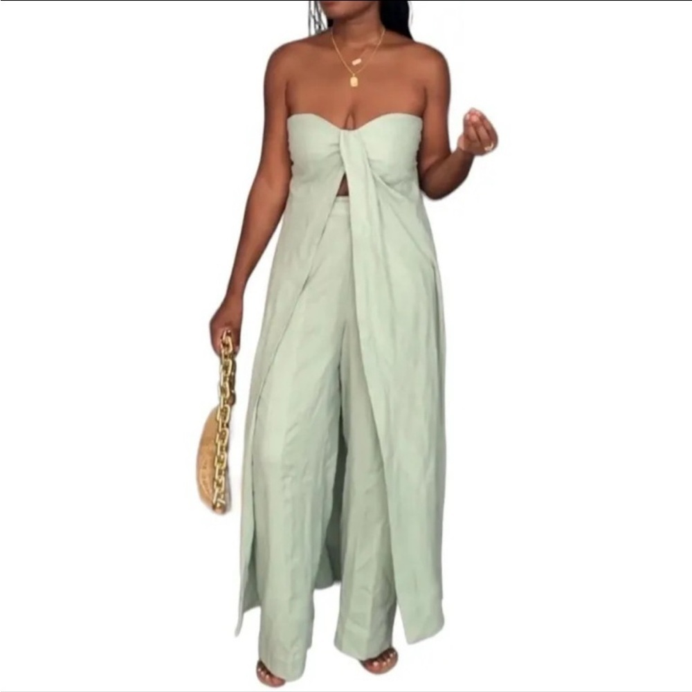 Free People Sage Green Strapless Wide-Leg Jumpsuit